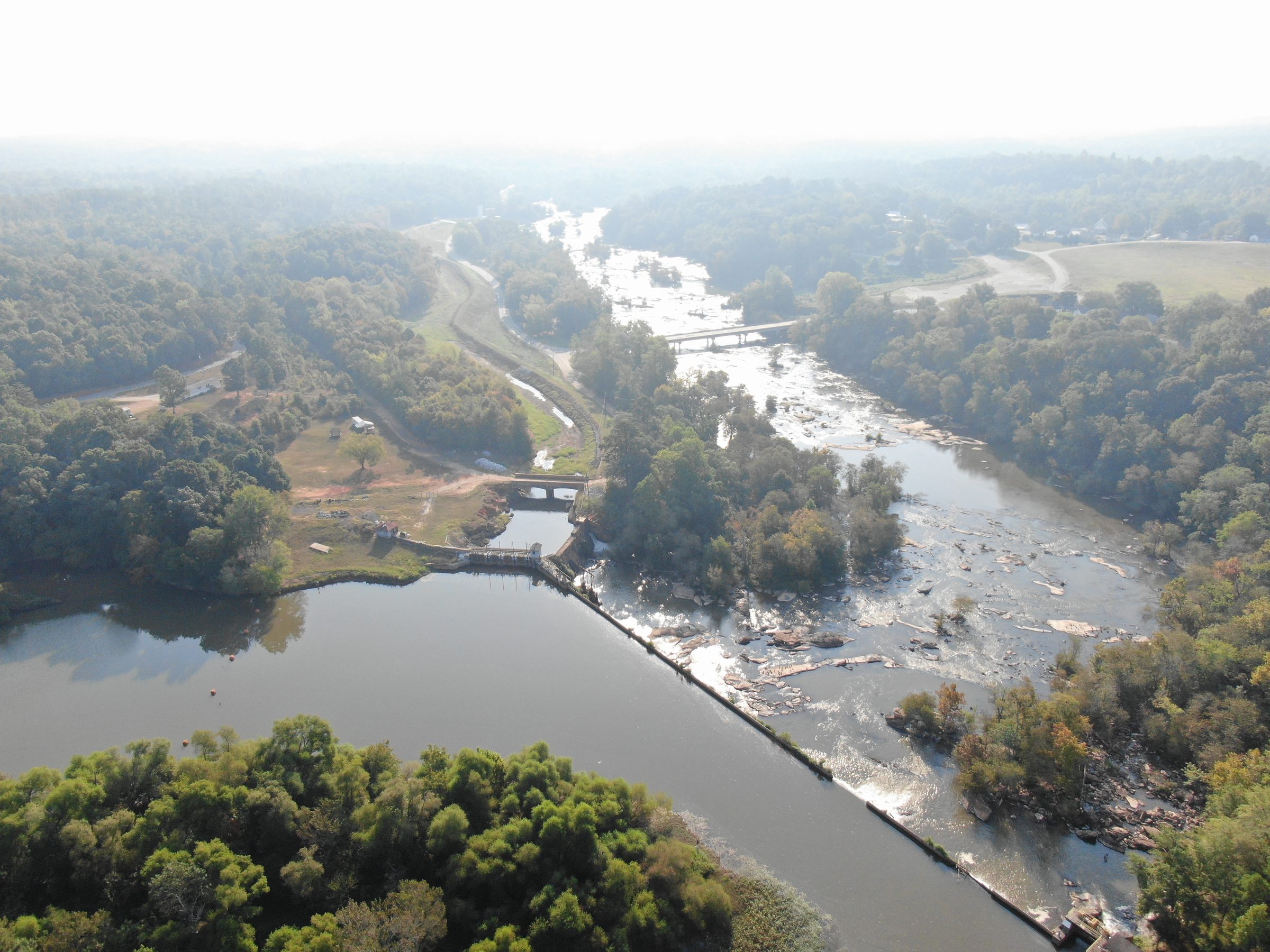 Aerial view of the Ware Shoals Hydroelectric Project dam and Saluda River
